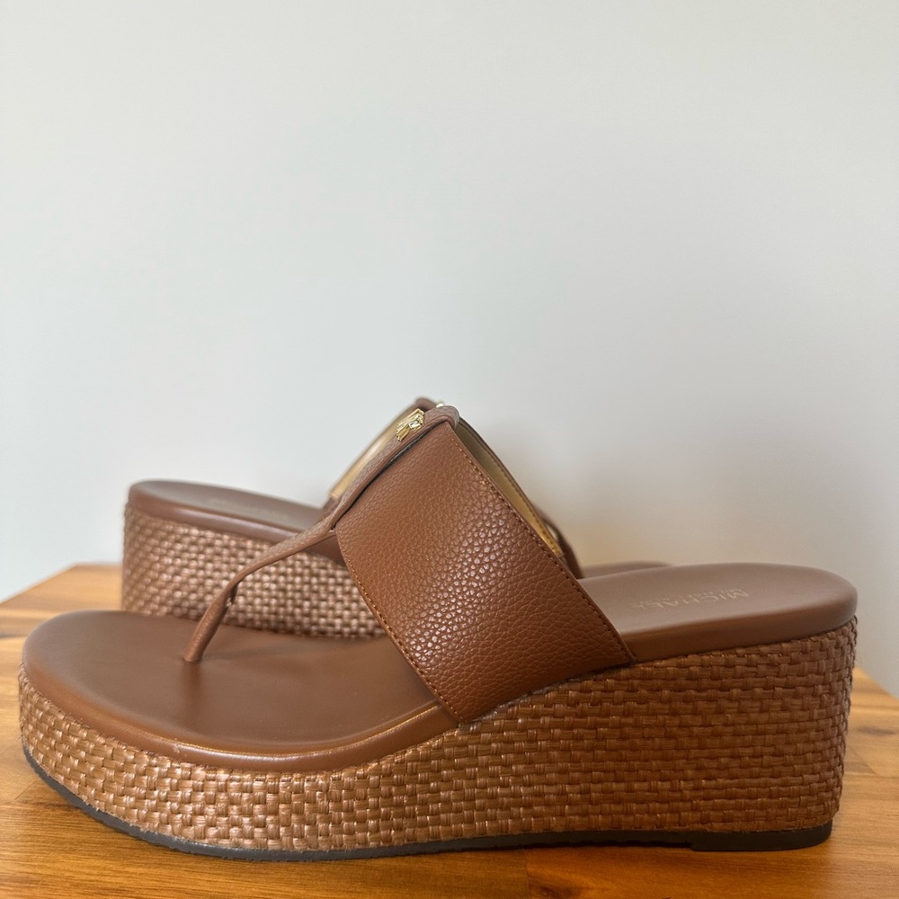 Michael Kors Brown Leather Platform Wedge Thong Sandals